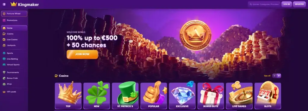 screenshot of homepage of kingmaker showing its welcome bonus of 100% up to €500 + 50 chanches showing its different casino categories of top, new , st patricks, popular, exclusive, bonus buys, live games, slots