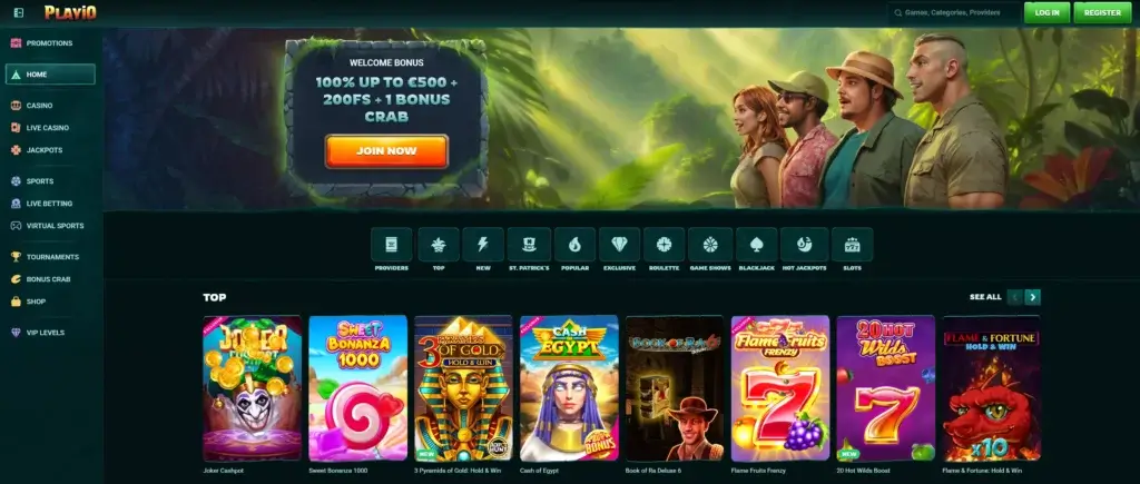 Screenshot of the playio casino homepage showing its welcome bonus of 100% up to €500 + 200 free spins + 1 bonus crab button to join now and also some of the top slots like joker cashpot sweet bonanza 1000