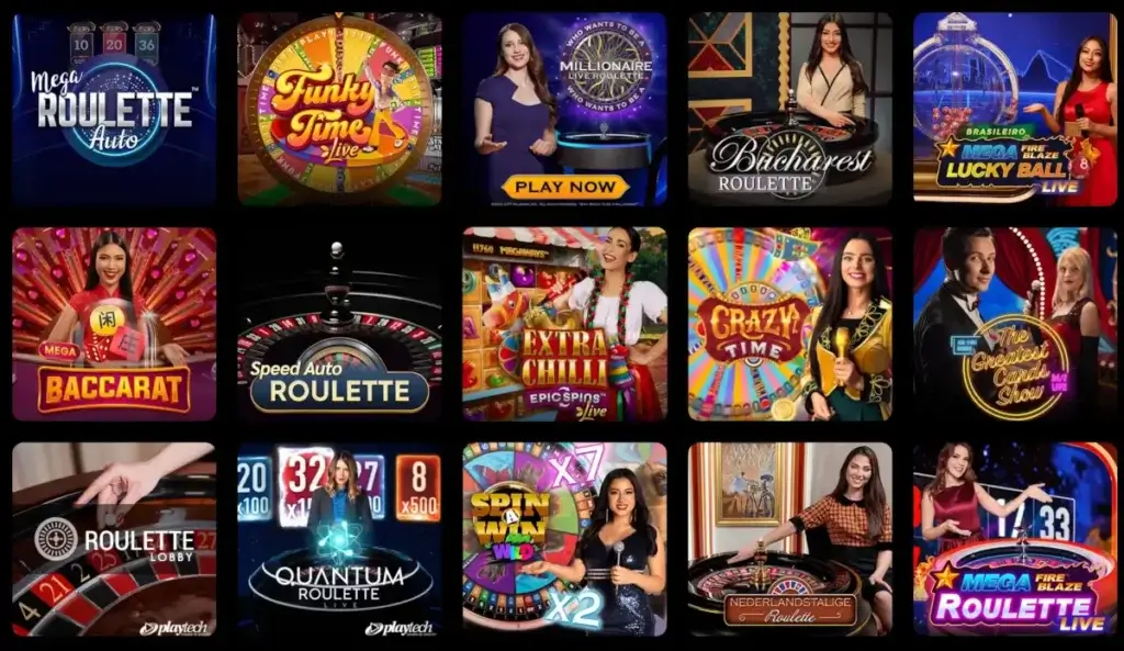 Spin Samurai live casino games showing different games like mega roulette, funky time, millionaire live roulette, baccarat, extra chilli, crazy time