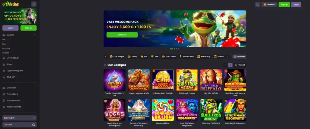screenshot of the homepage of spinline showing its vast welcome package of 3,600€ + 1,100 free spins also show some slots like jackpot slots frontier falcon, coin win, elvis frog in vegas