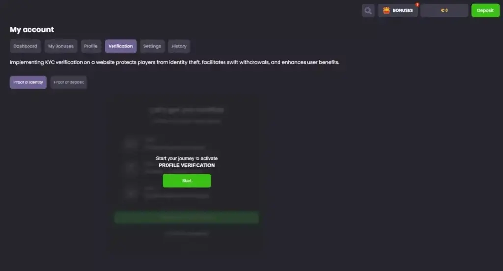Screenshot of my account page in spinline casino showing the verification tab