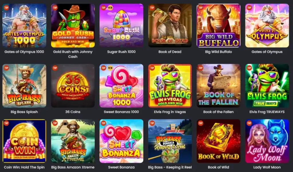 Screenshot of spinline casino slot page showing some of their hot slots like gates of olympus, big bass splash, sweet bonanaza 1000 and more