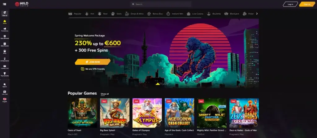 Screenshot of the homepage of wild tokyo casino showing its welcome package of 230% up to €600 + 300 free spins and some of its slots like oasis of dead, big bass splash, gates of olympus, zeus of hased gods of war