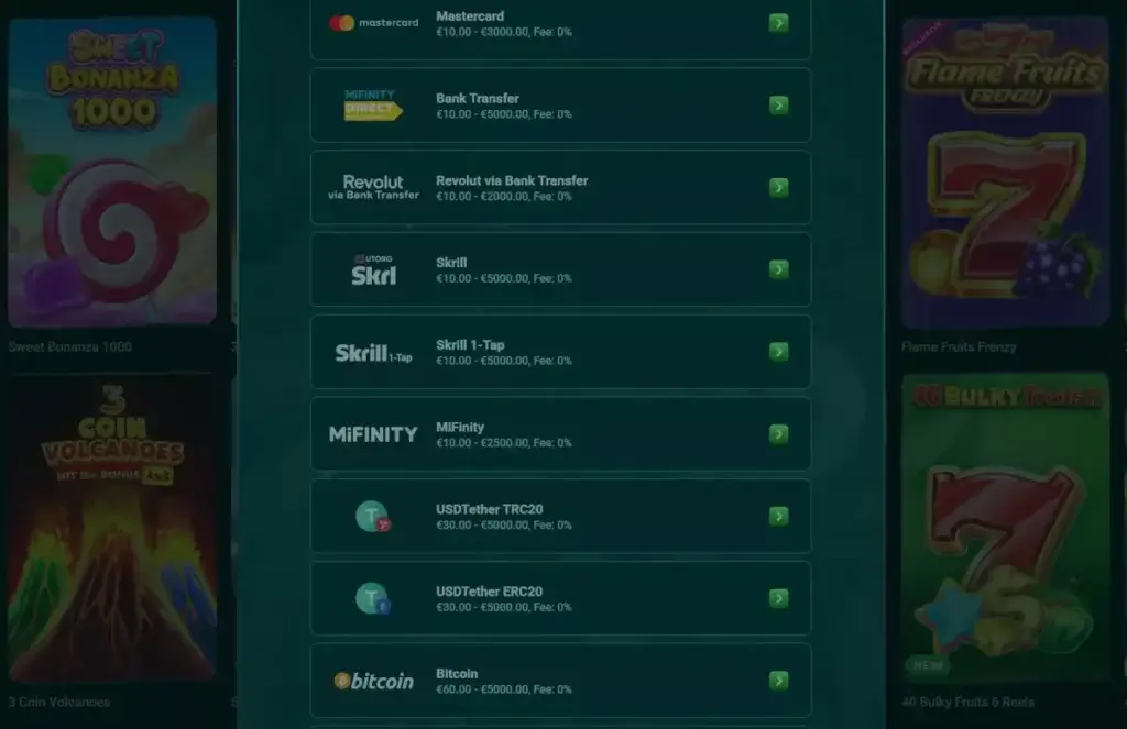 Screenshot of avaible withdrawal methods at playio casino showing for example mastercard, bank transfer, revolut via bank transfer, skrill, mifinity 