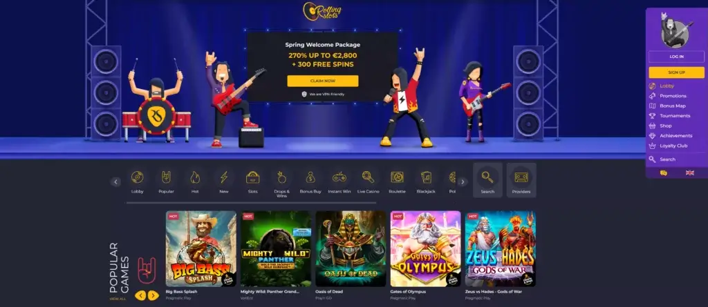 Homepage of rolling slots casino showing its welcome package of 270% up to €2800 + 300 free spins and some of the slot games that rolling slots offers like big bass splash gates of olympus