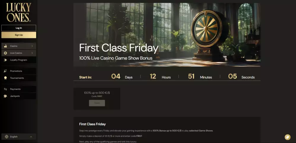 Lucky Ones Live Casino Promotions Tab - Players can claim 100% bonus of up to €500 by depositing €20