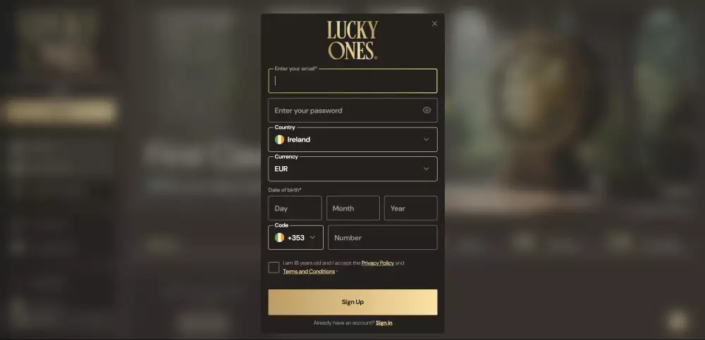 Lucky Ones registration form for Irish users
