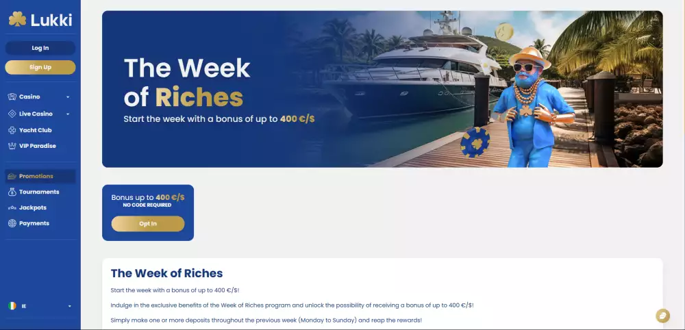 Lukki Casino the Week of Riches bonus of up to €400 every week