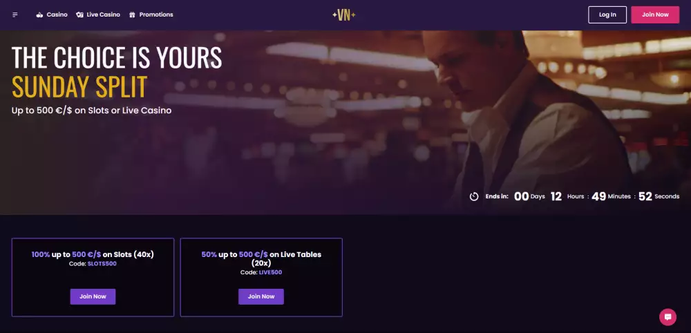 Vegas Now promotion card offering weekend live casino reload bonus