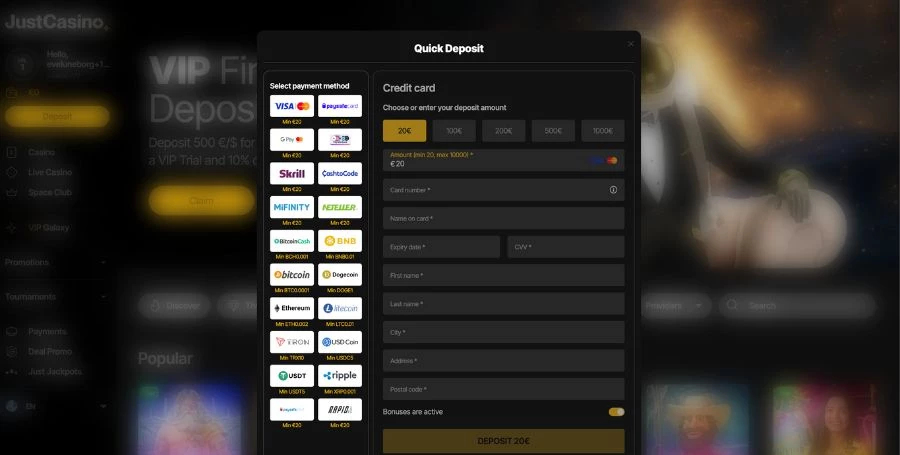 Just Casino Payment Methods