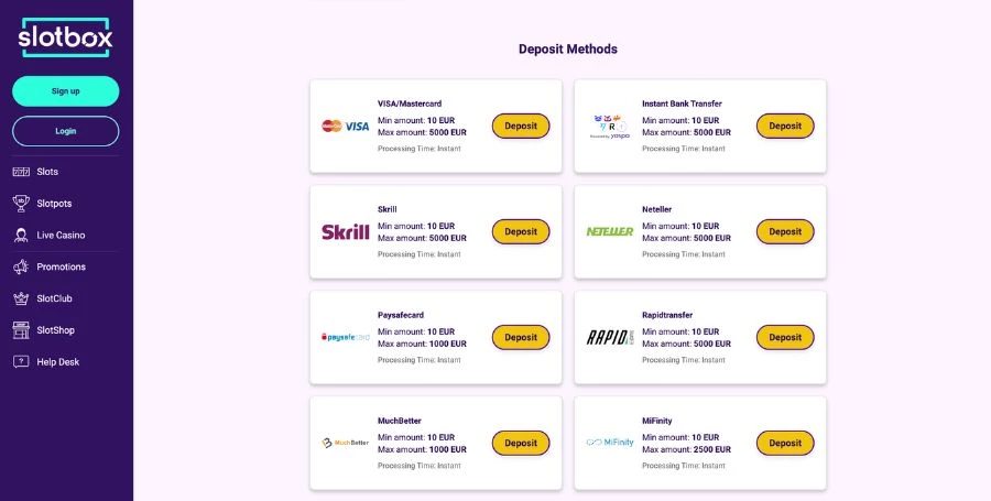 Slotbox Payment Methods