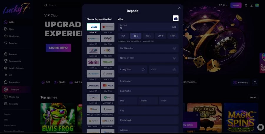 Lucky7even deposit page