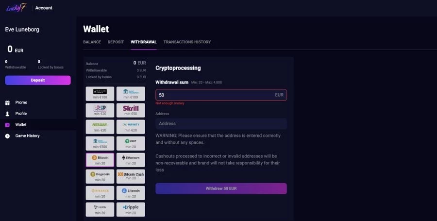 Lucky7even withdrawal methods