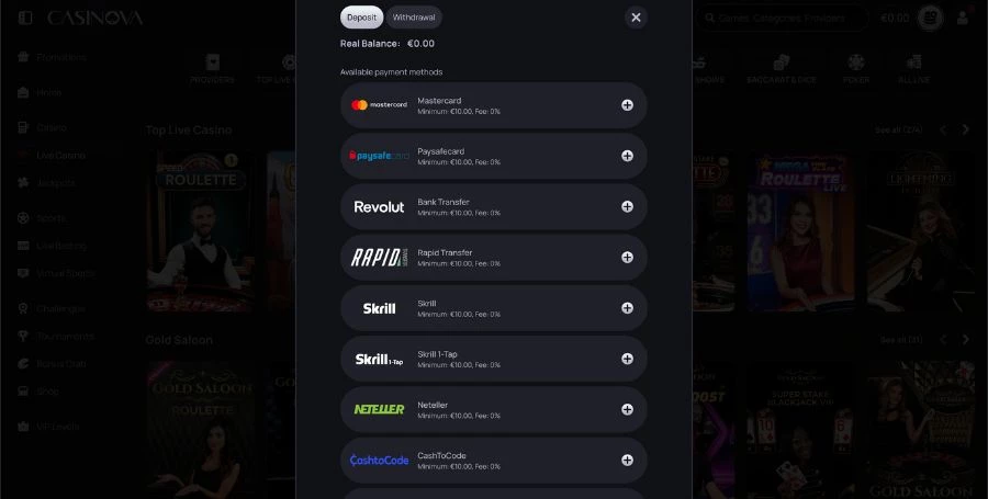 Casinova Payment Methods