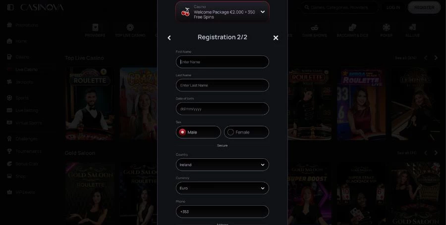 Casinova Registration & Login