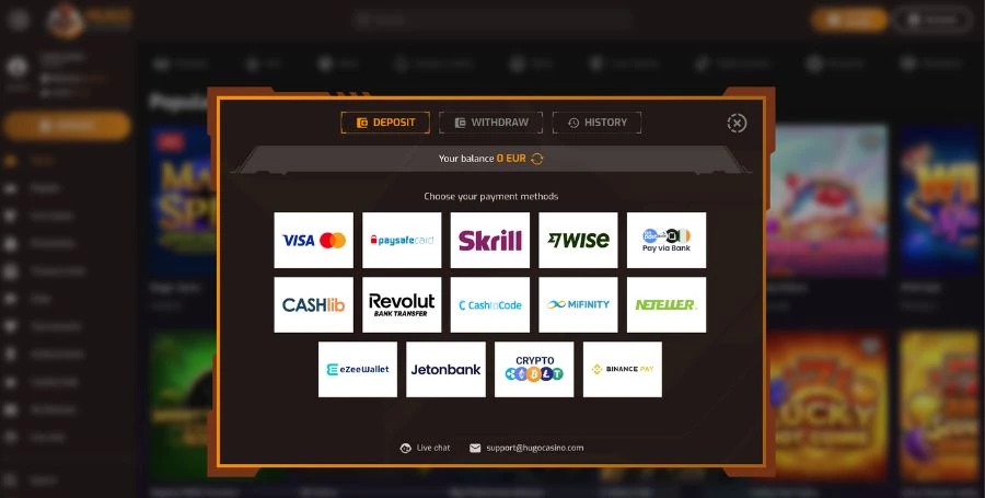 Hugo Casino Payment Methods