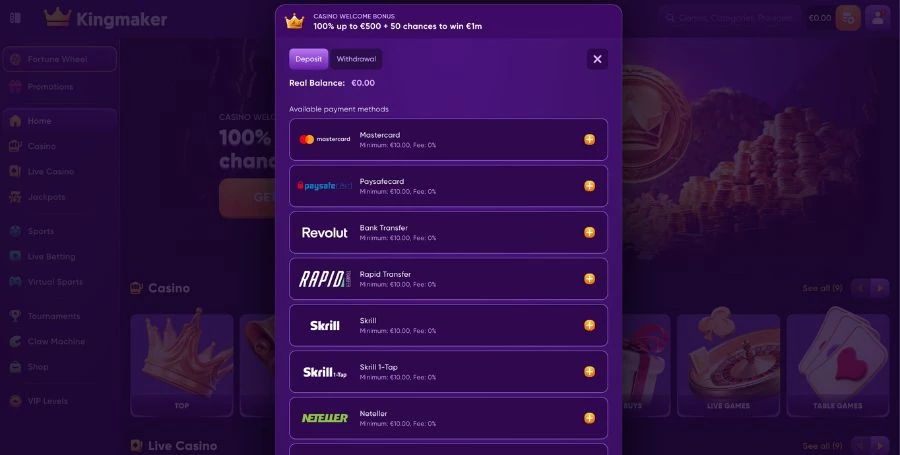 Kingmaker Payment Methods