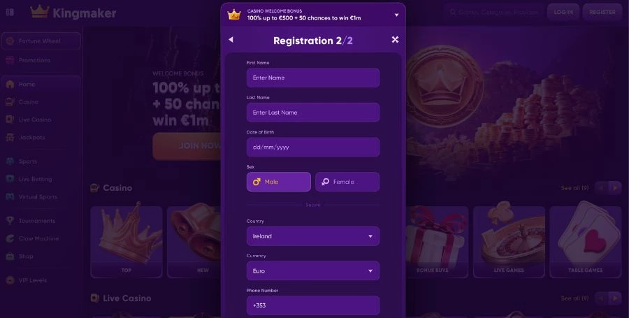 Kingmaker Registration & Login