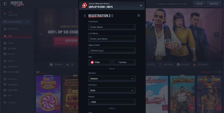MafiaCasino Registration & Login