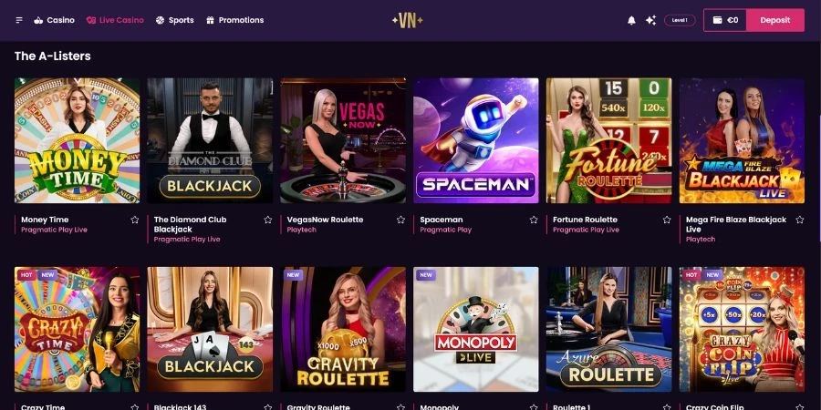 VegasNow Live Casino Lobby
