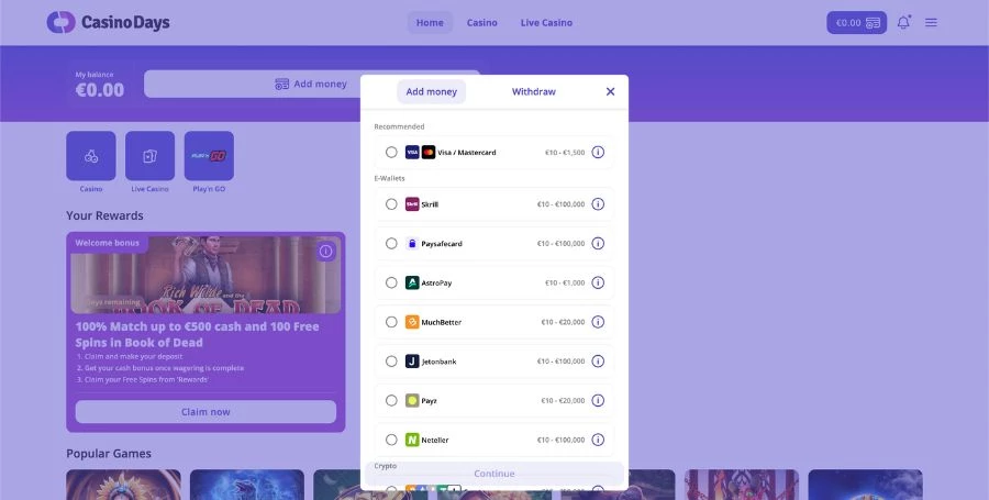 Casino Days Payment Methods