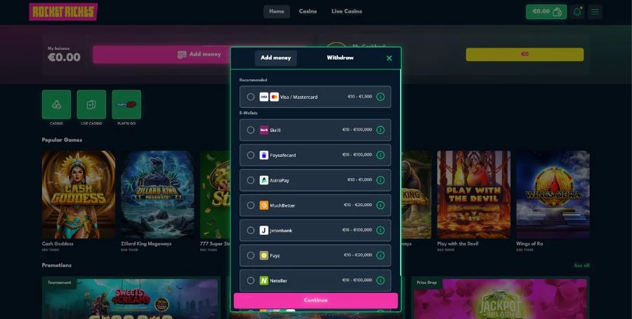Rocket Riches Payment Methods