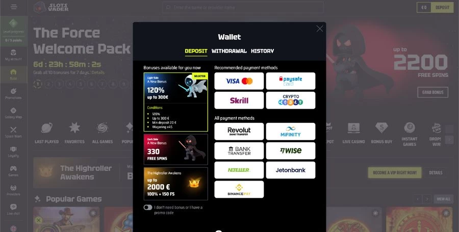 Slotsvader Payment Methods