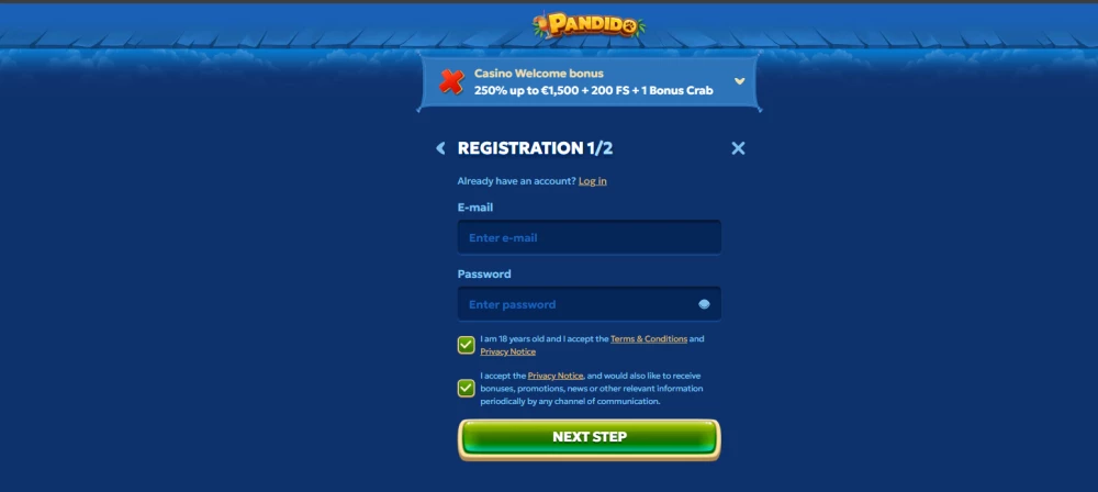 Registration at pandido casino